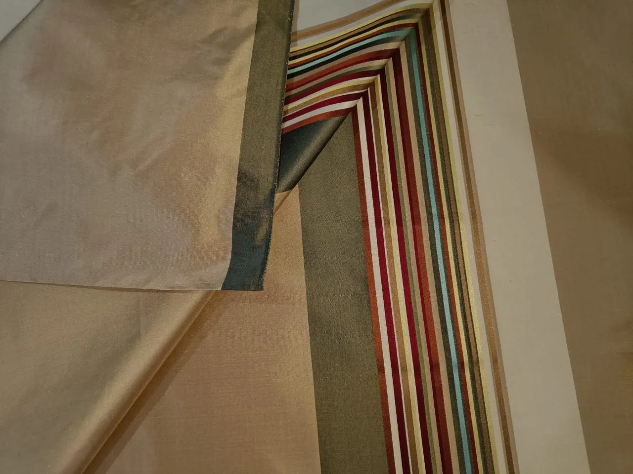 100% Pure Silk Taffeta Fabric beige/gold with multi color stripes 54" wide Taf S#134