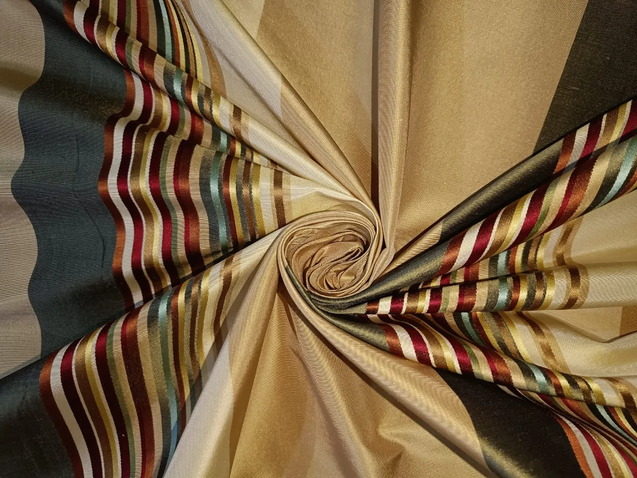 100% Pure Silk Taffeta Fabric beige/gold with multi color stripes 54" wide Taf S#134