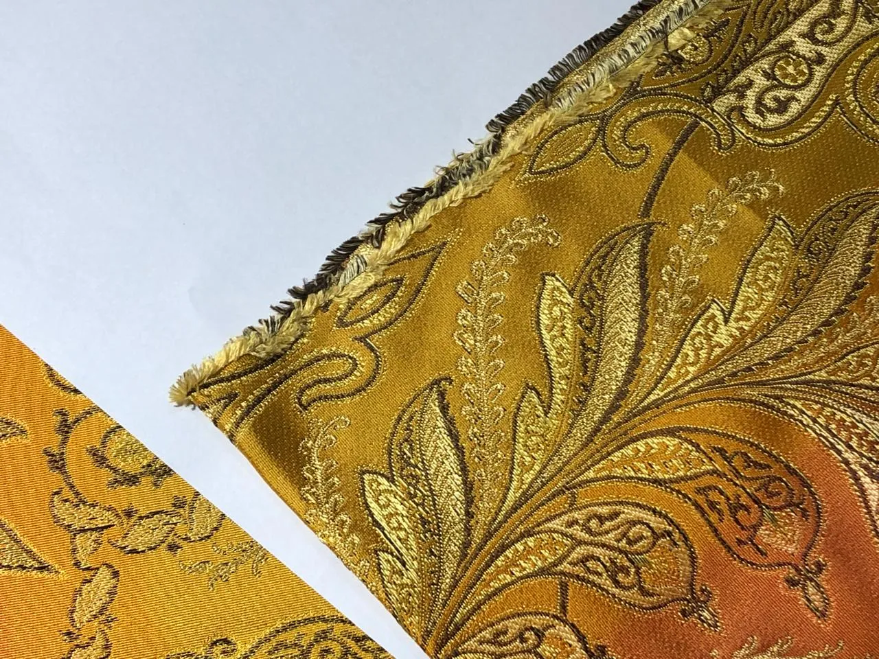 100% Silk Taffeta Jacquard Fabric  SHADED RUSTY ORANGE AND GOLD LEAVES TAFJACNEW16