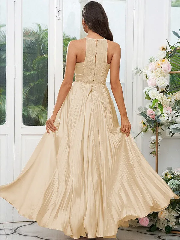 A-Line/Princess Silk like Satin Ruffles Halter Sleeveless Floor-Length Bridesmaid Dresses