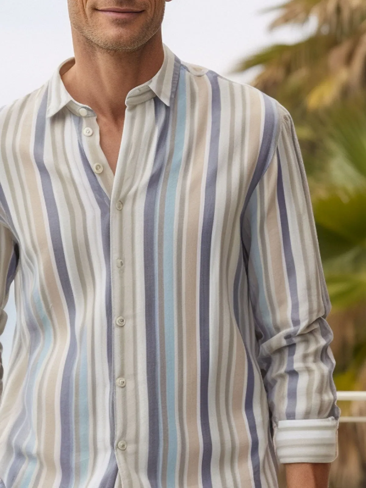 Alohadaddy Beach Vacation Khaki  Men's Long Sleeve Striped Shirts Wrinkle Free Seersucker Stretch Plus Size Aloha Camp Pocket Button-Down Shirts