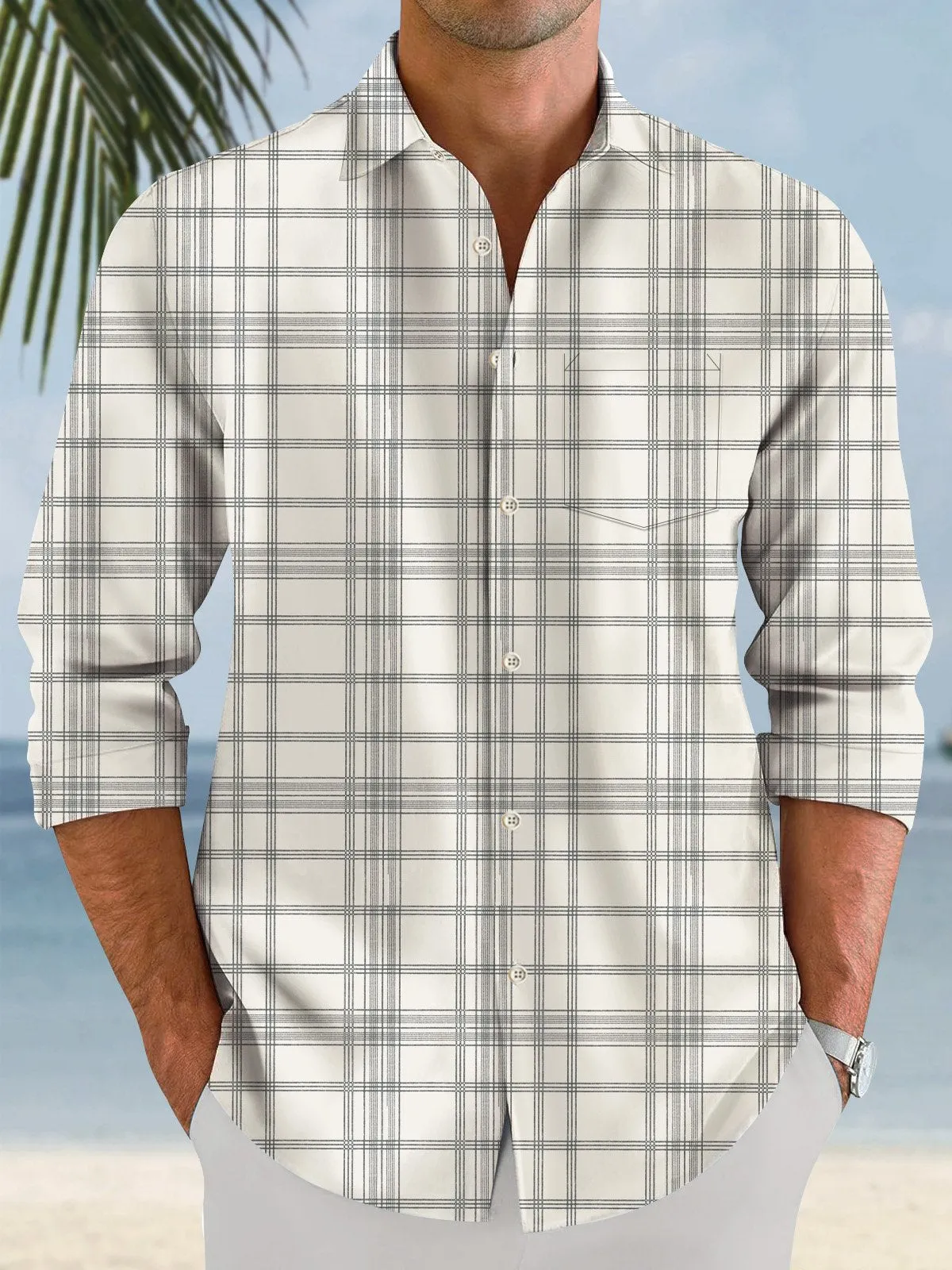 Alohadaddy Geometric Check Mens Pocket Button Casual Long Sleeve Shirt