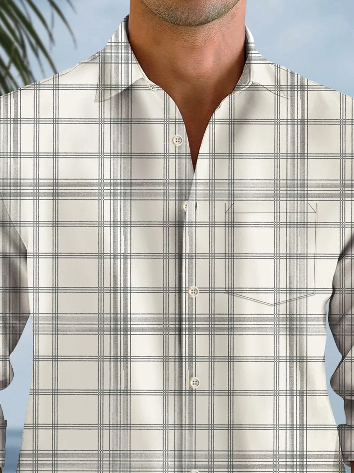 Alohadaddy Geometric Check Mens Pocket Button Casual Long Sleeve Shirt