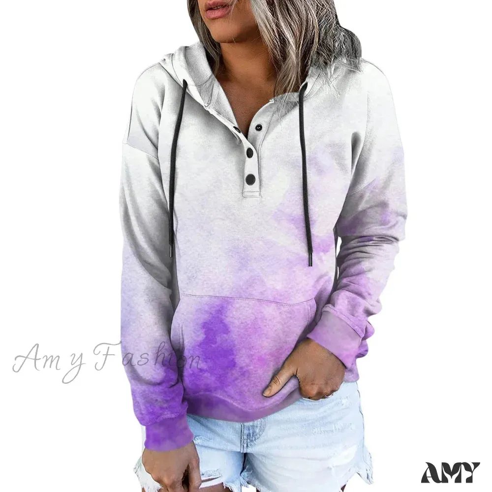 Amy Fashion - Casual Drawstring Button Sequins Printed Hooded Sweatshirts