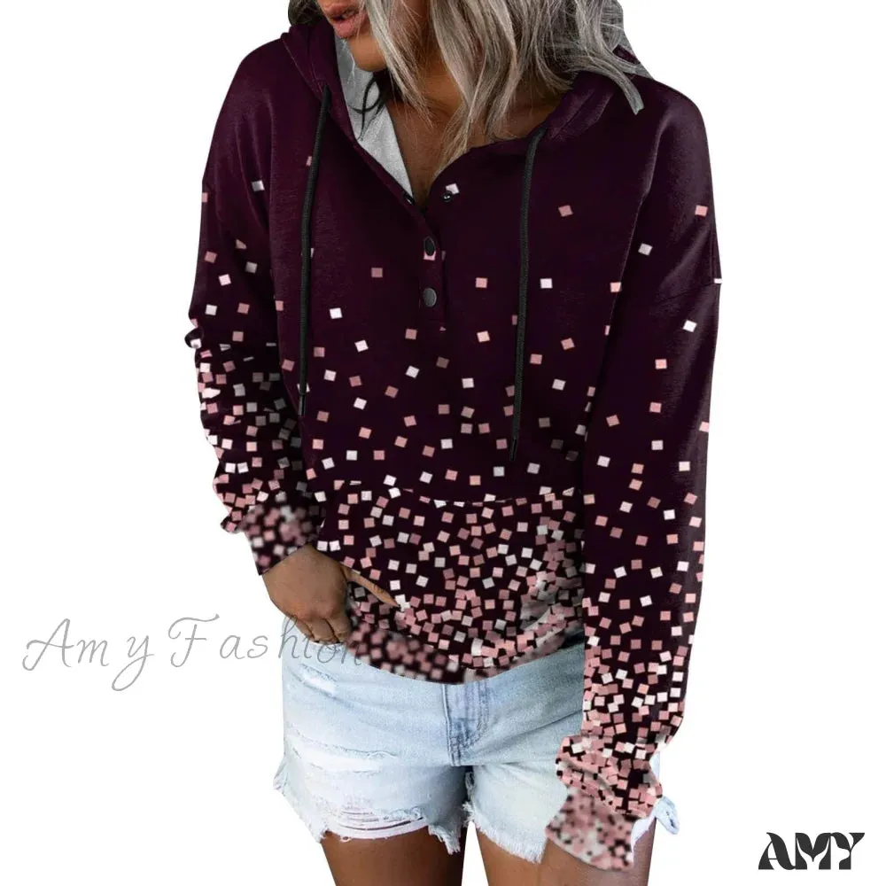 Amy Fashion - Casual Drawstring Button Sequins Printed Hooded Sweatshirts