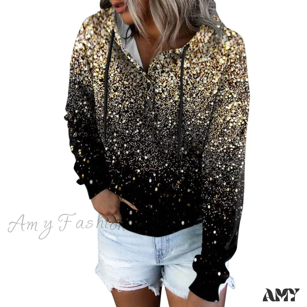 Amy Fashion - Casual Drawstring Button Sequins Printed Hooded Sweatshirts