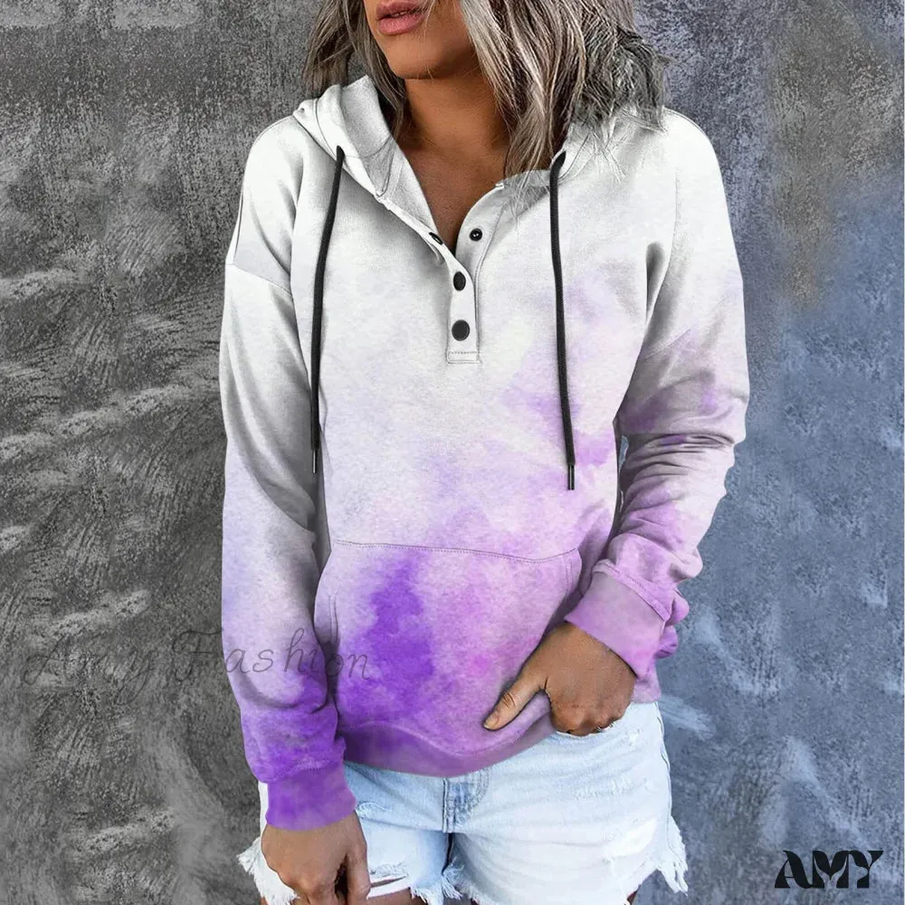 Amy Fashion - Casual Drawstring Button Sequins Printed Hooded Sweatshirts