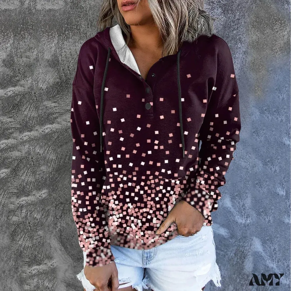 Amy Fashion - Casual Drawstring Button Sequins Printed Hooded Sweatshirts