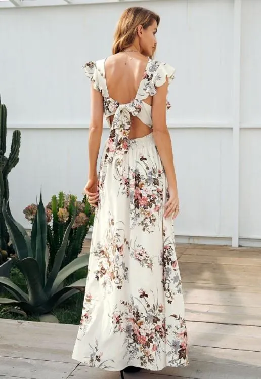 Bandage V Neck Elastic Waist Maxi Floral Dresses