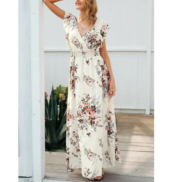 Bandage V Neck Elastic Waist Maxi Floral Dresses