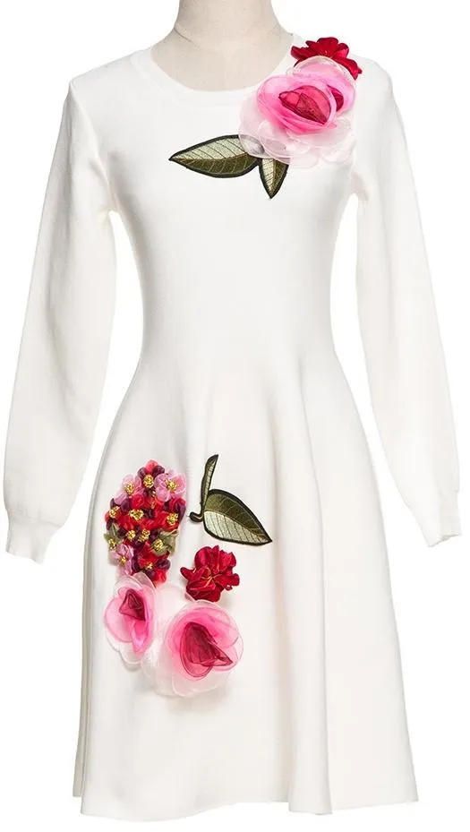 Black Floral-Appliqu̩d Long-Sleeve Dress