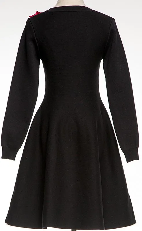 Black Floral-Appliqu̩d Long-Sleeve Dress