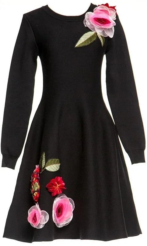 Black Floral-Appliqu̩d Long-Sleeve Dress