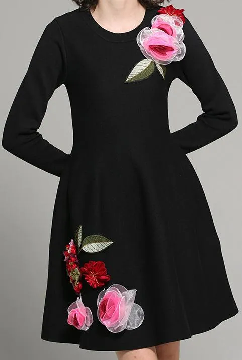 Black Floral-Appliqu̩d Long-Sleeve Dress