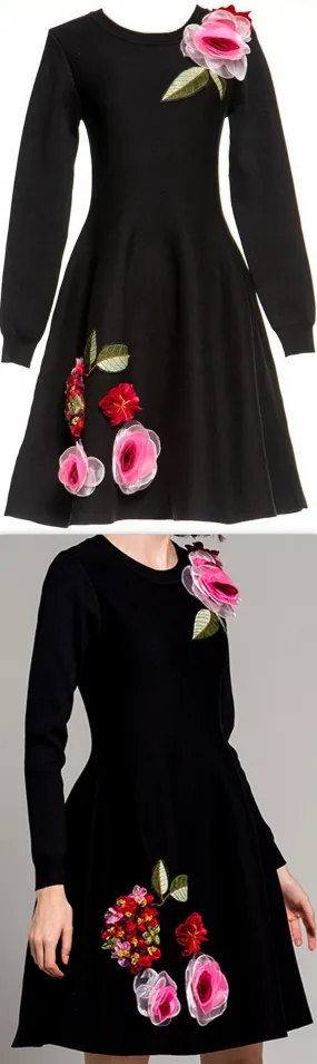 Black Floral-Appliqu̩d Long-Sleeve Dress