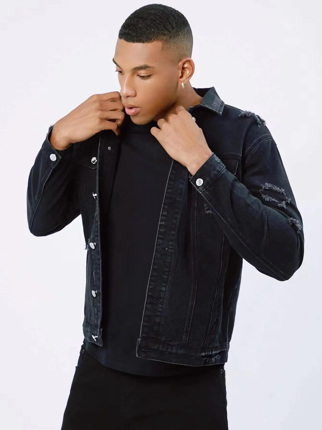 Black Single Breasted Ripped Flap Detail Denim Jacket