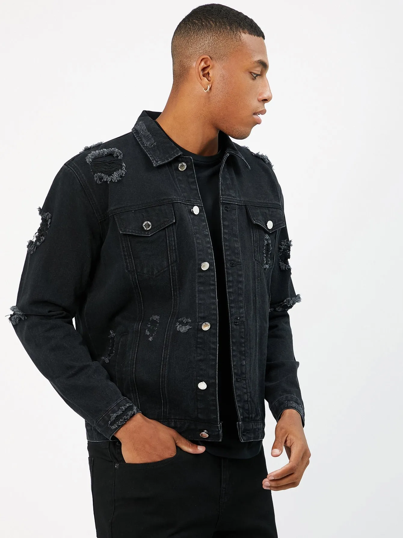 Black Single Breasted Ripped Flap Detail Denim Jacket