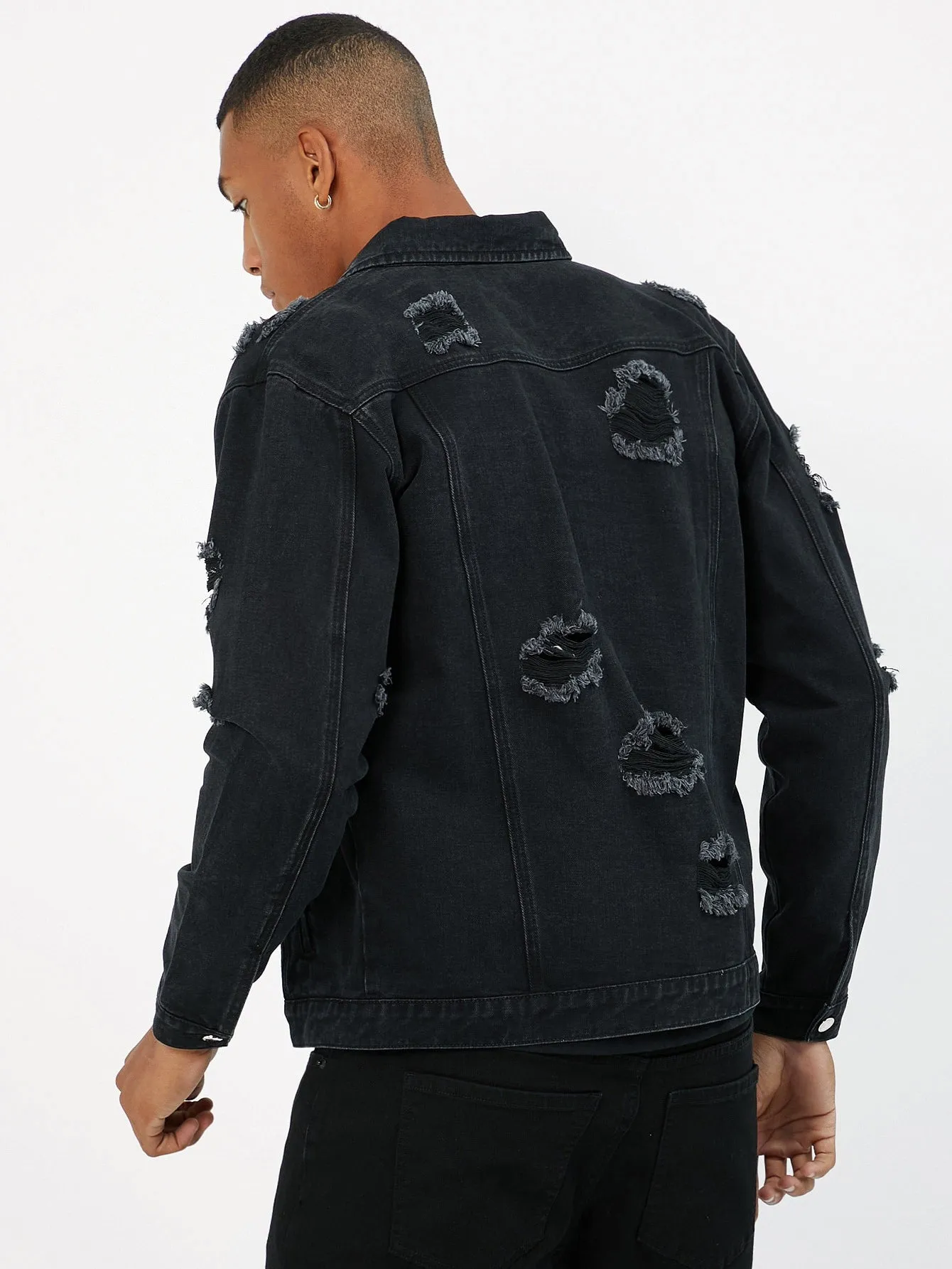 Black Single Breasted Ripped Flap Detail Denim Jacket