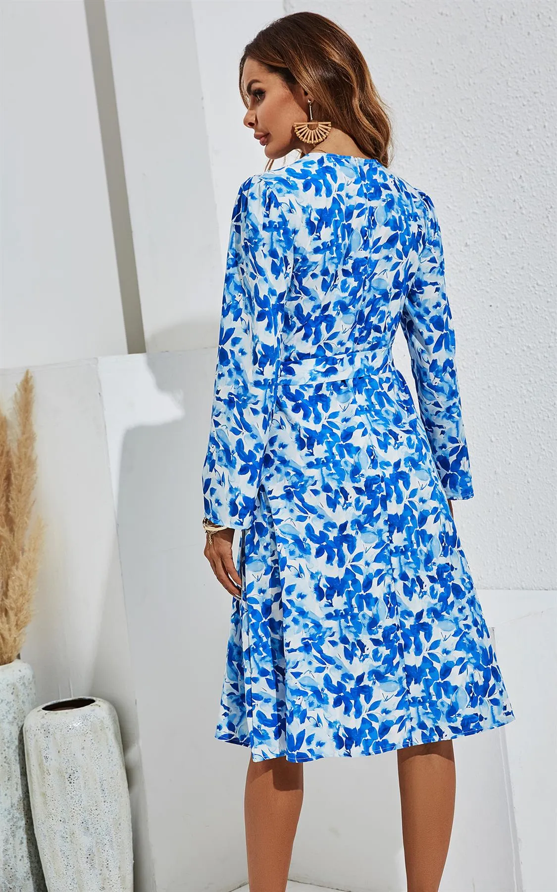 Blue Flora Print Wrap Long Sleeve Dress In White