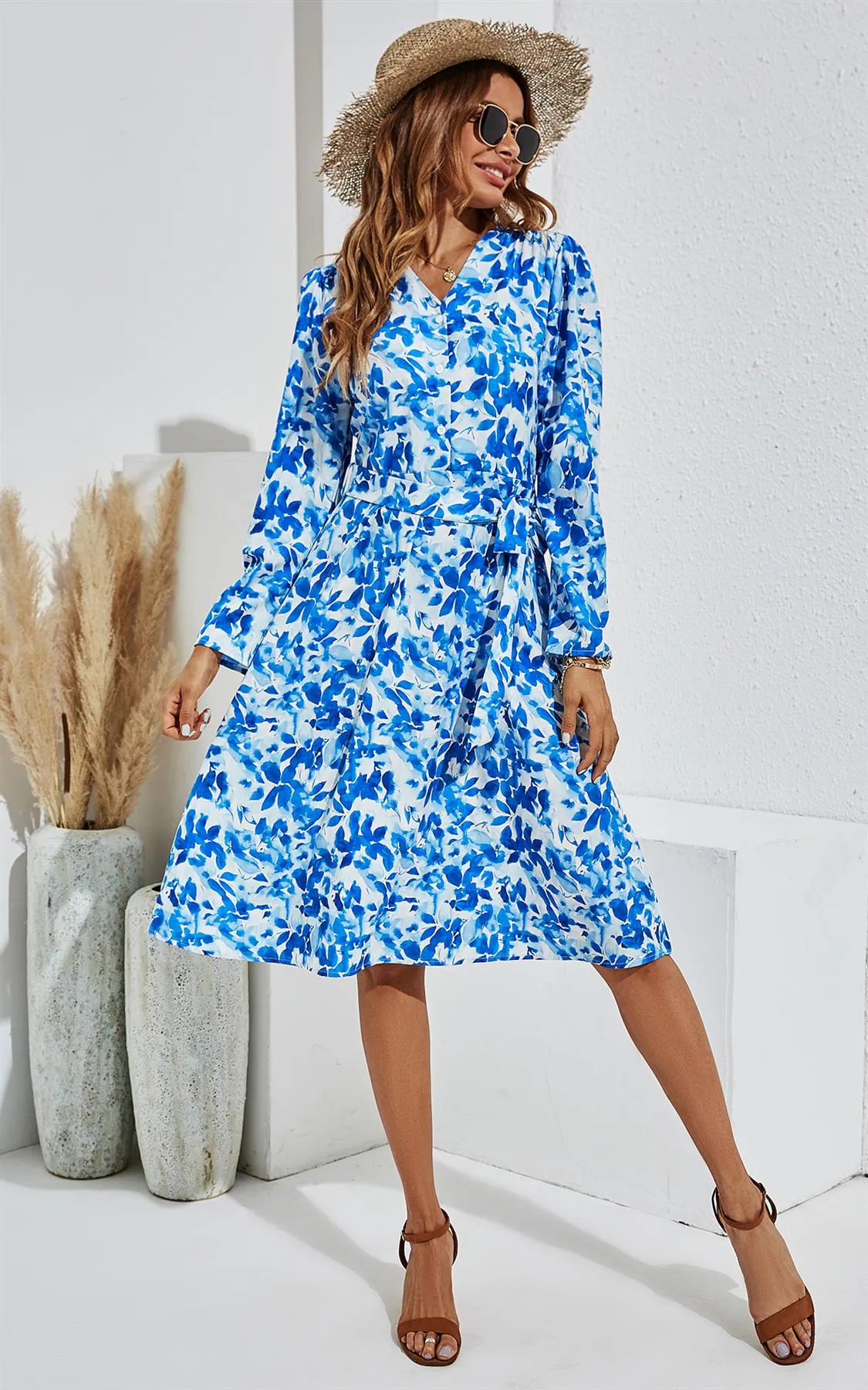 Blue Flora Print Wrap Long Sleeve Dress In White