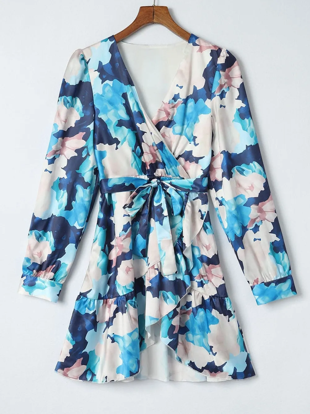 Blue Floral Print Long Sleeve Wrap Dress with Ruffled Hem