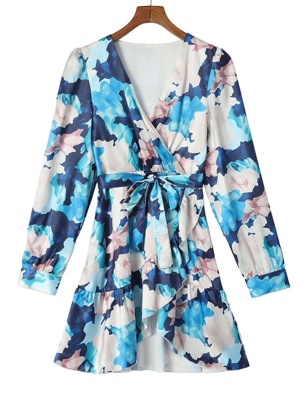 Blue Floral Print Long Sleeve Wrap Dress with Ruffled Hem