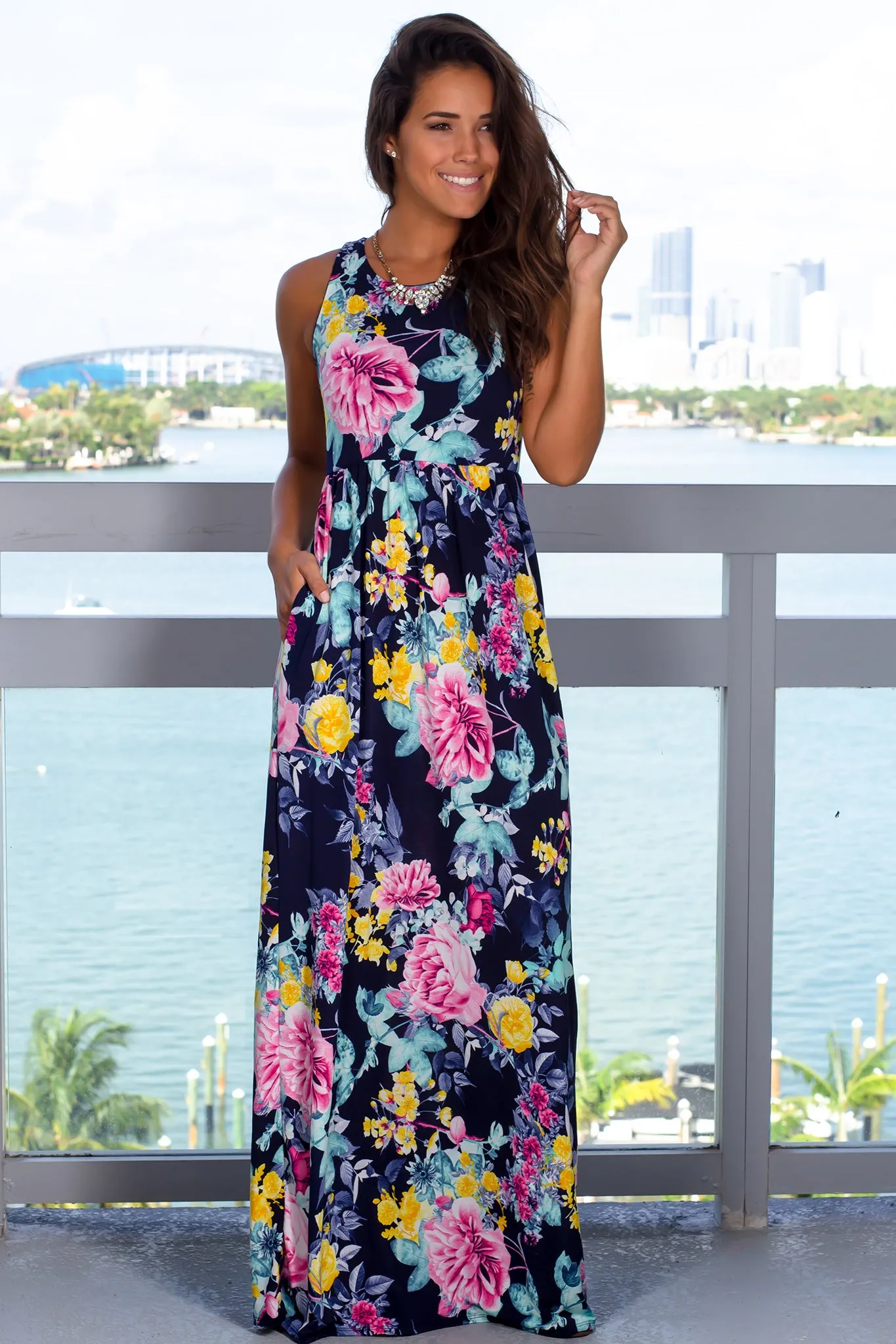 Blue Floral Printed Maxi Dress with Pockets