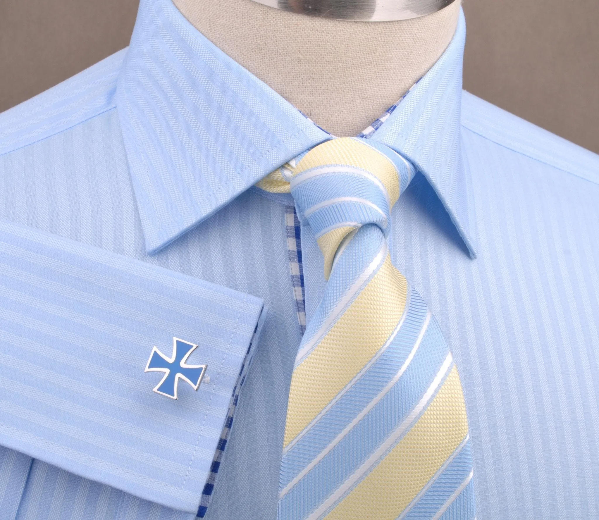 Blue Oxford Striped Formal Business Dress Shirt with Gingham Check Inner-Lining