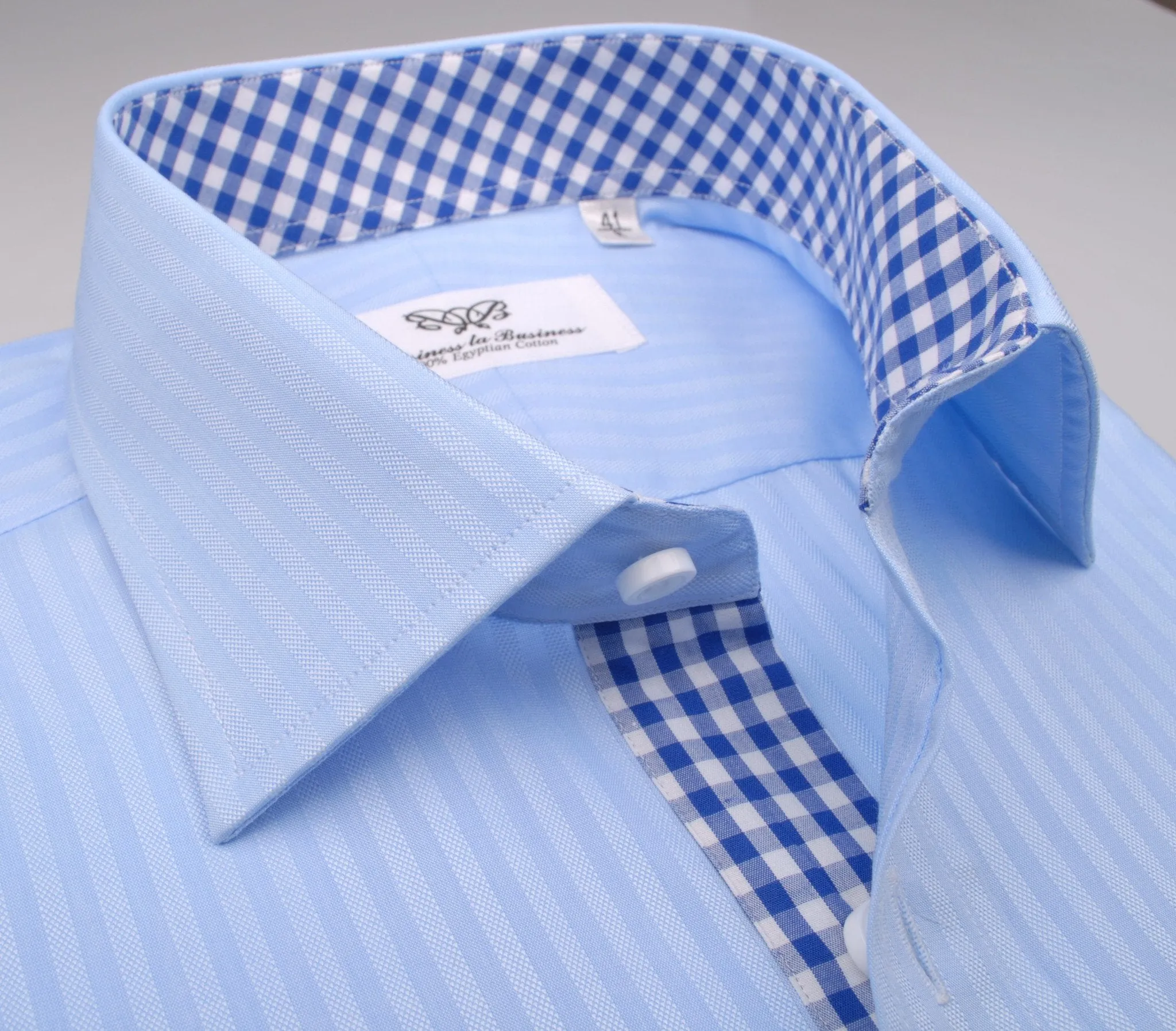 Blue Oxford Striped Formal Business Dress Shirt with Gingham Check Inner-Lining