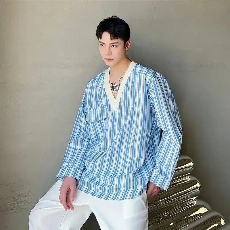 Blue Stripe Loose V-neck Long Sleeve Shirts