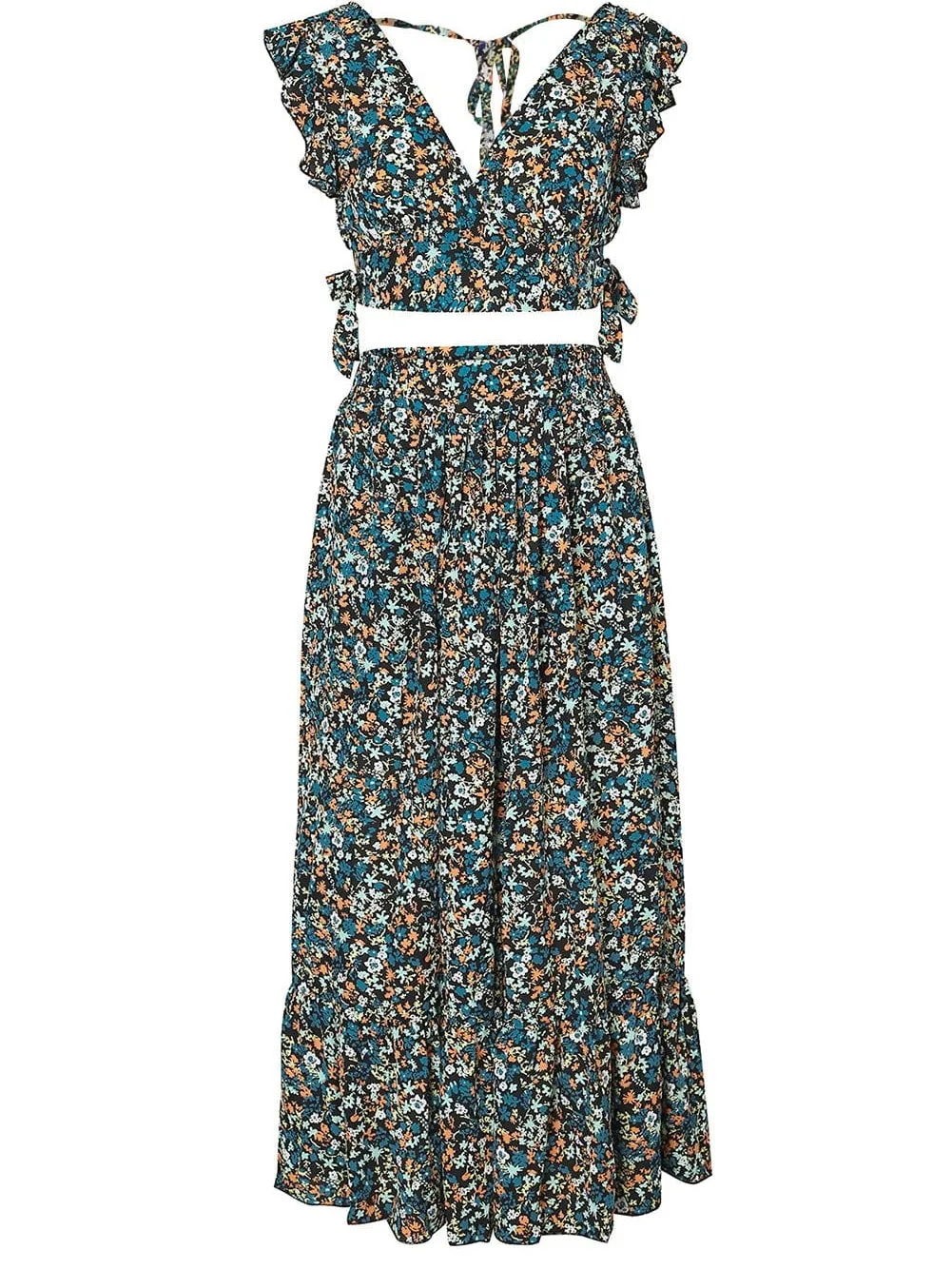 Bohemian Blossom Two-Piece Set with Ruffled Crop Top and Maxi Skirt