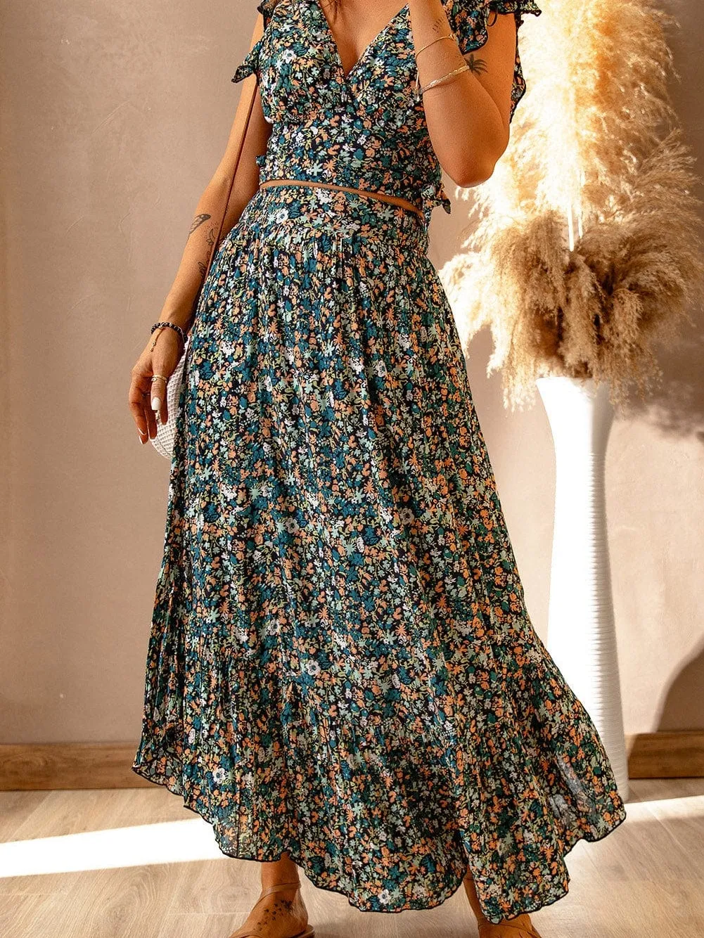 Bohemian Blossom Two-Piece Set with Ruffled Crop Top and Maxi Skirt