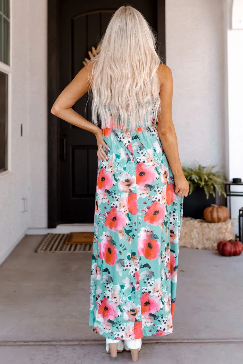 Bohemian Sky Blue Floral Maxi Dress with High Waist