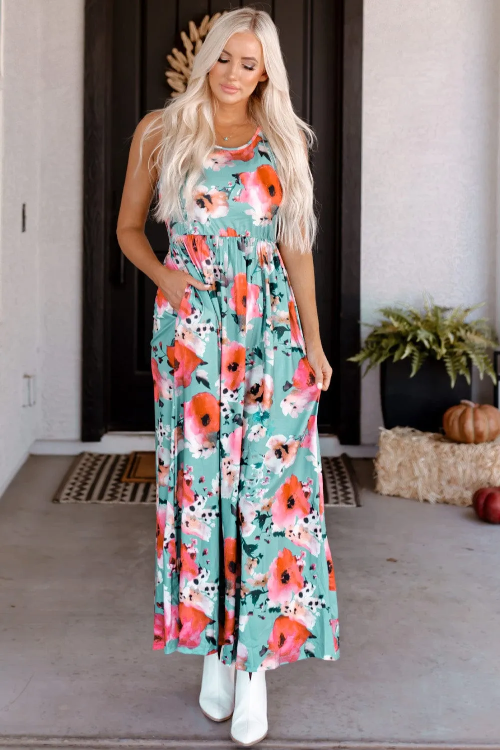 Bohemian Sky Blue Floral Maxi Dress with High Waist