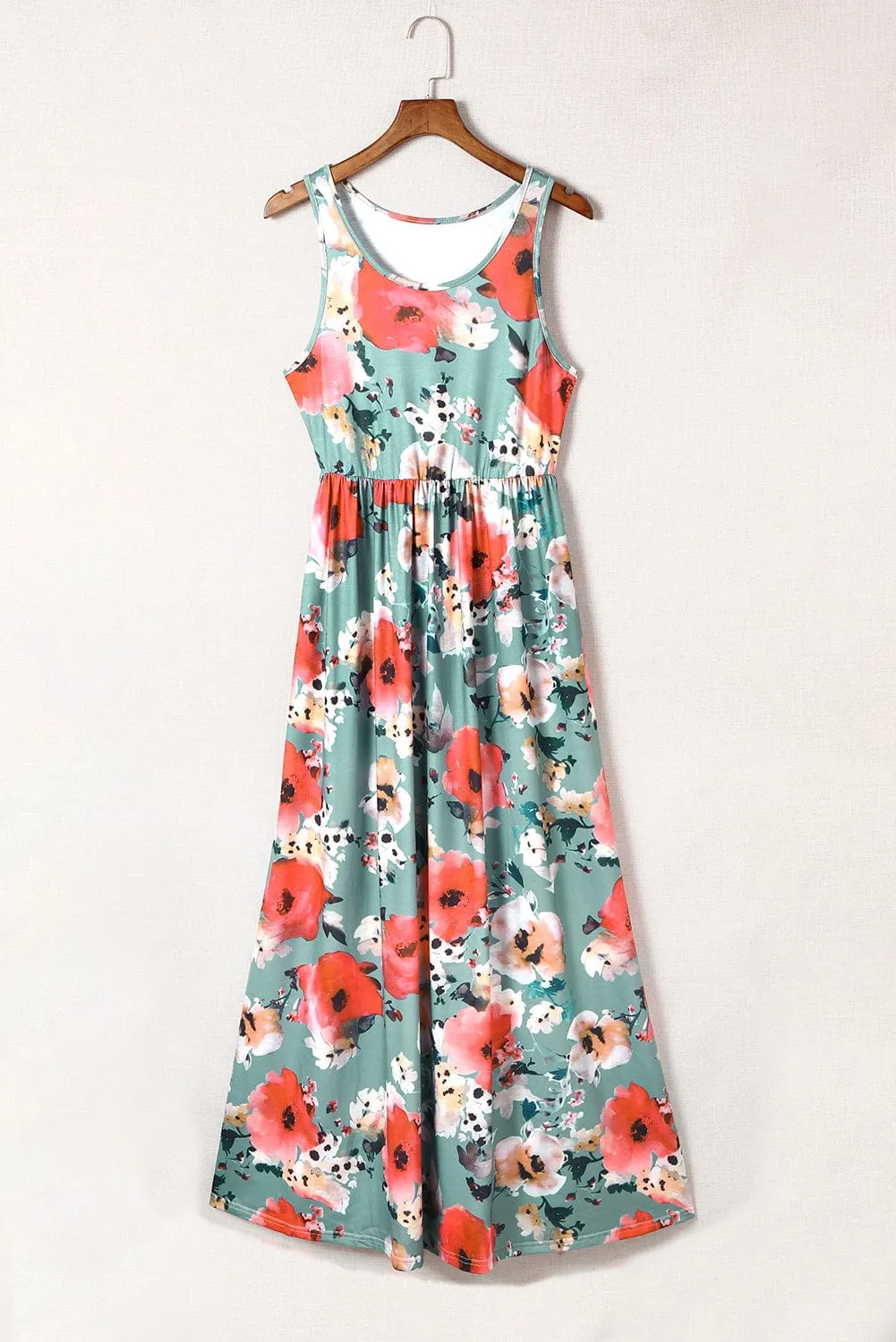 Bohemian Sky Blue Floral Maxi Dress with High Waist