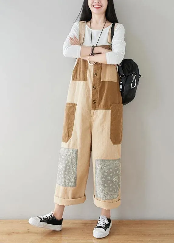 Boho Beige Patchwork Jeans Jumpsuit