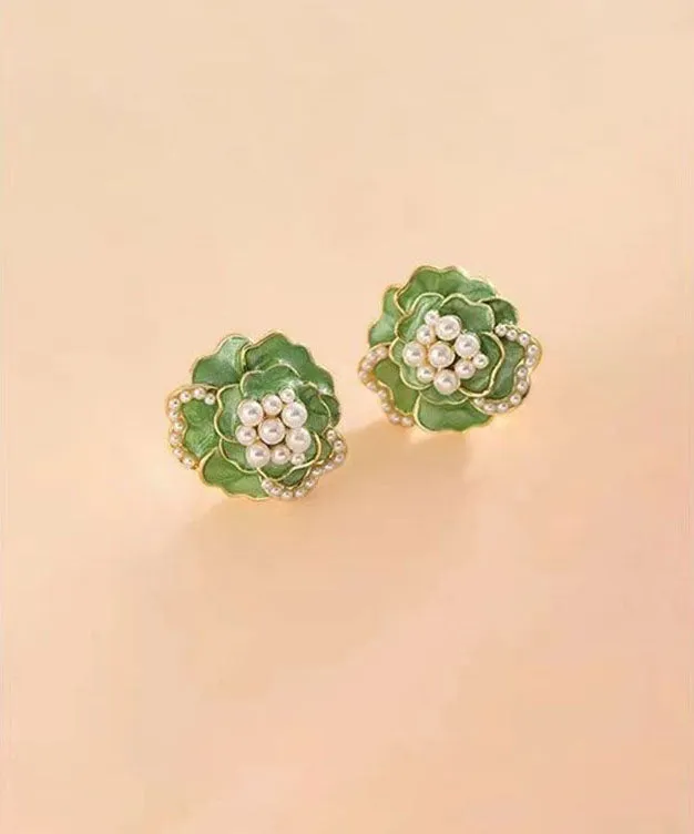 Boho Green Sterling Silver Copper Pearl Floral Stud Earrings TW1030