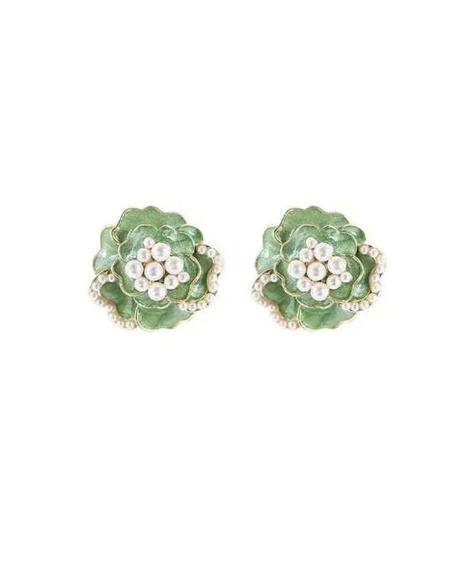 Boho Green Sterling Silver Copper Pearl Floral Stud Earrings TW1030