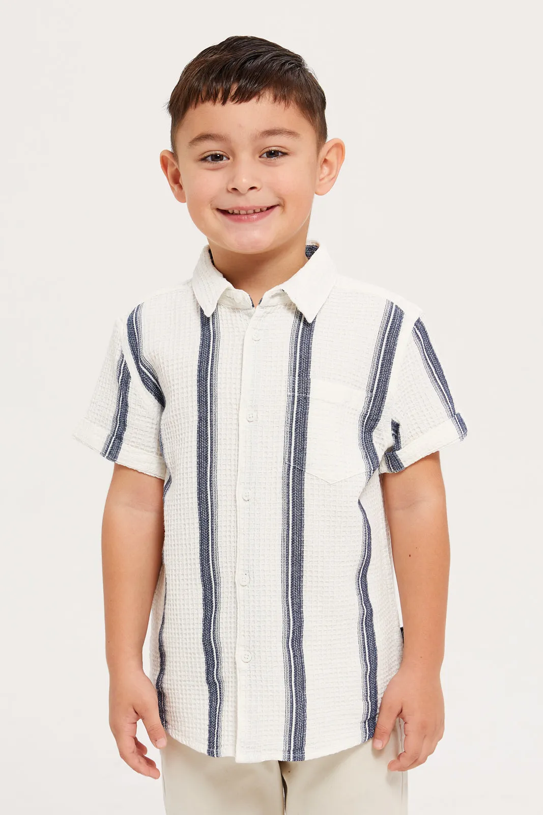 Boys White Striped Waffle Shirt