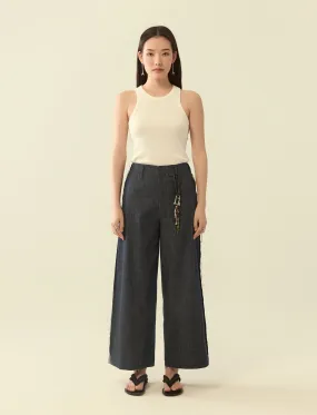 chambray exposed seam wide legged trousers