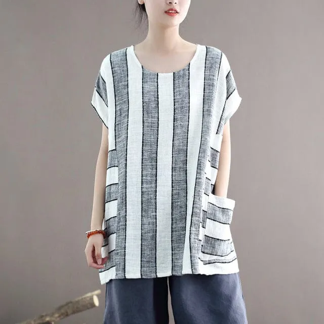 Cotton and Linen Oversized Striped T-Shirt