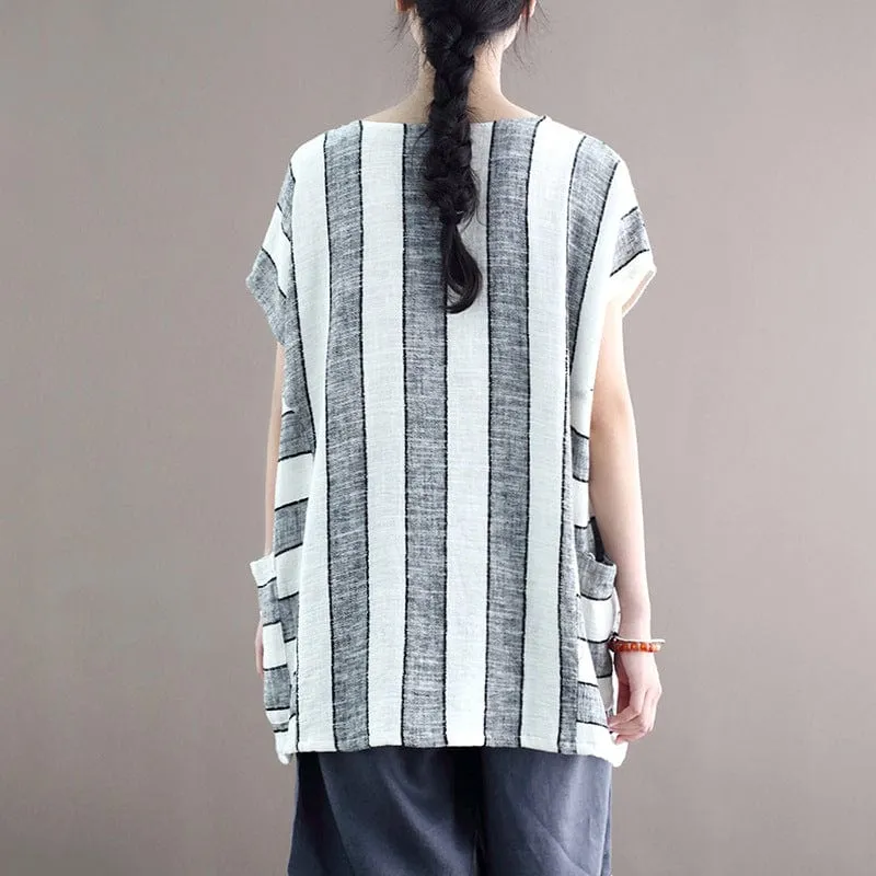 Cotton and Linen Oversized Striped T-Shirt