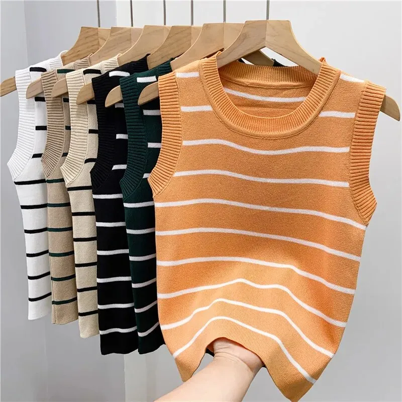 Crop Top Female Knitted Sleeveless Basic Striped T Shirts Slim Stretchy Thin