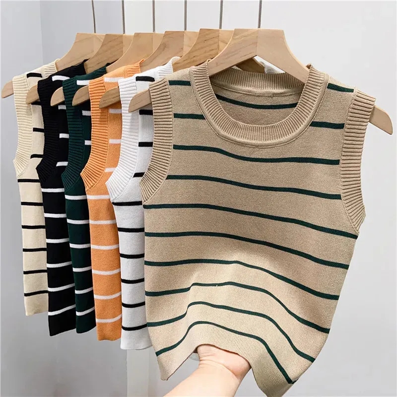 Crop Top Female Knitted Sleeveless Basic Striped T Shirts Slim Stretchy Thin