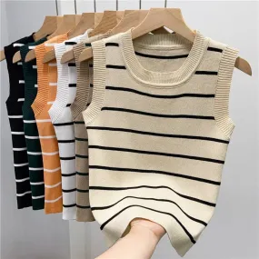 Crop Top Female Knitted Sleeveless Basic Striped T Shirts Slim Stretchy Thin