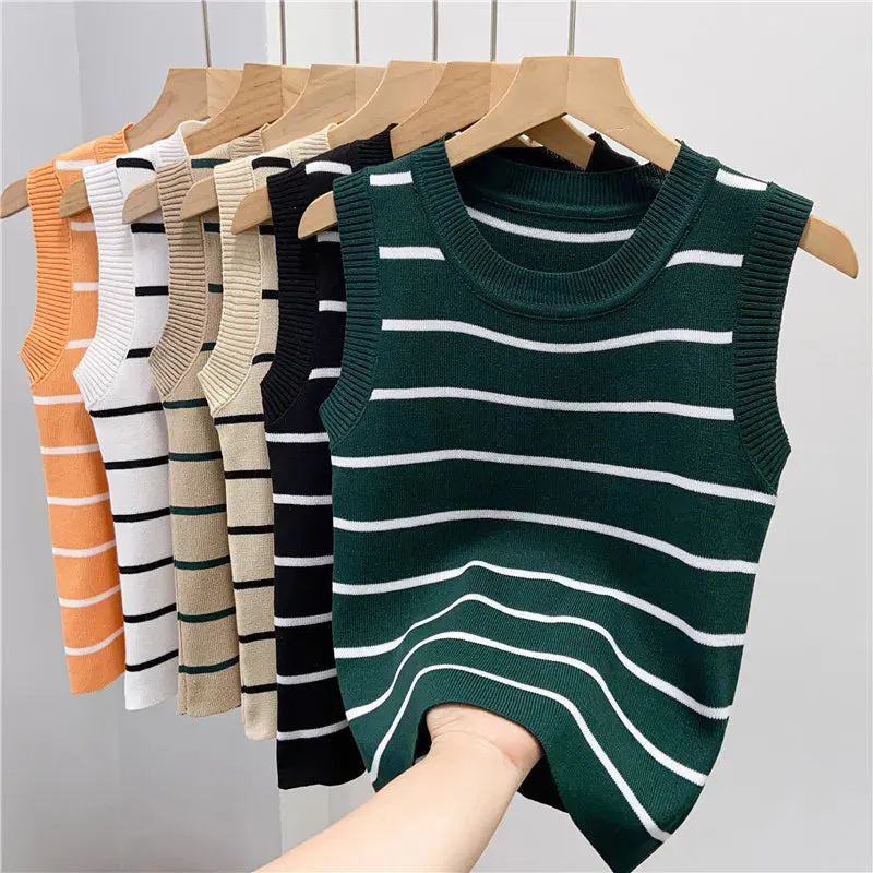 Crop Top Female Knitted Sleeveless Basic Striped T Shirts Slim Stretchy Thin