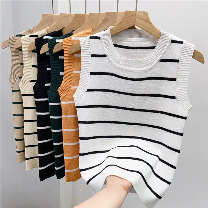 Crop Top Female Knitted Sleeveless Basic Striped T Shirts Slim Stretchy Thin