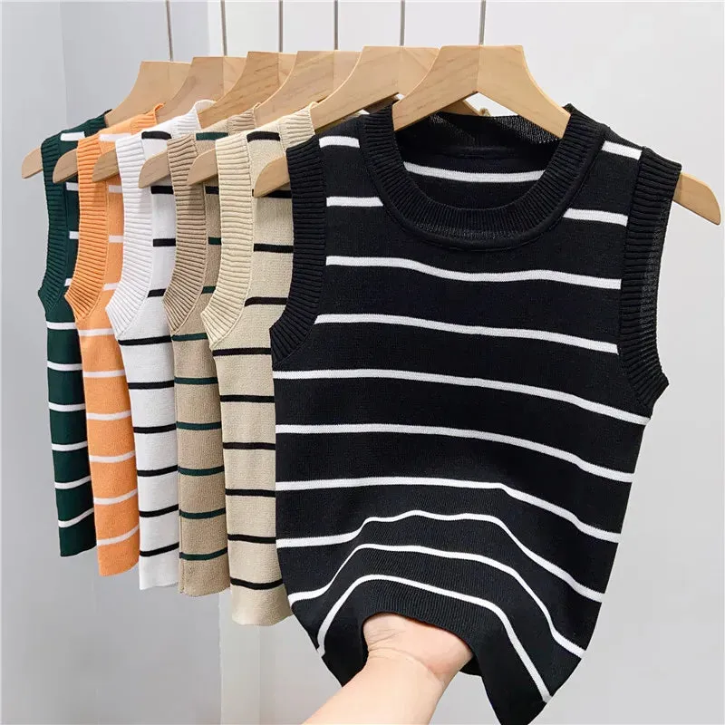 Crop Top Female Knitted Sleeveless Basic Striped T Shirts Slim Stretchy Thin