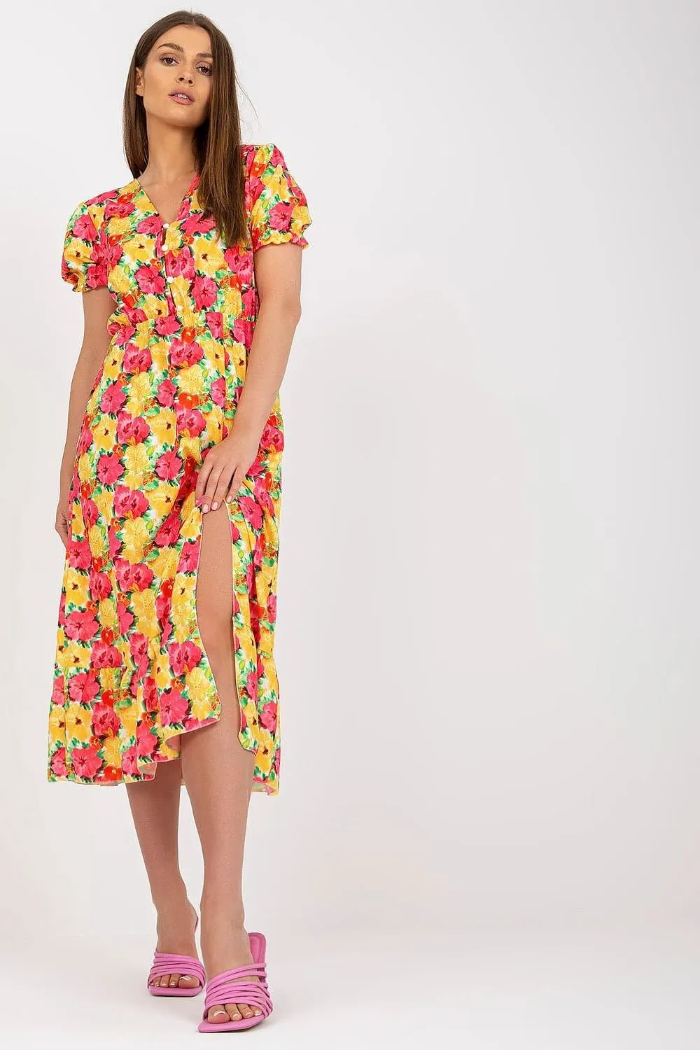 Daydream Floral Summer Dress with Front Buttons and Frill - Daydress Italy Moda: Elegantly Comfortable Floral Dress for Summer