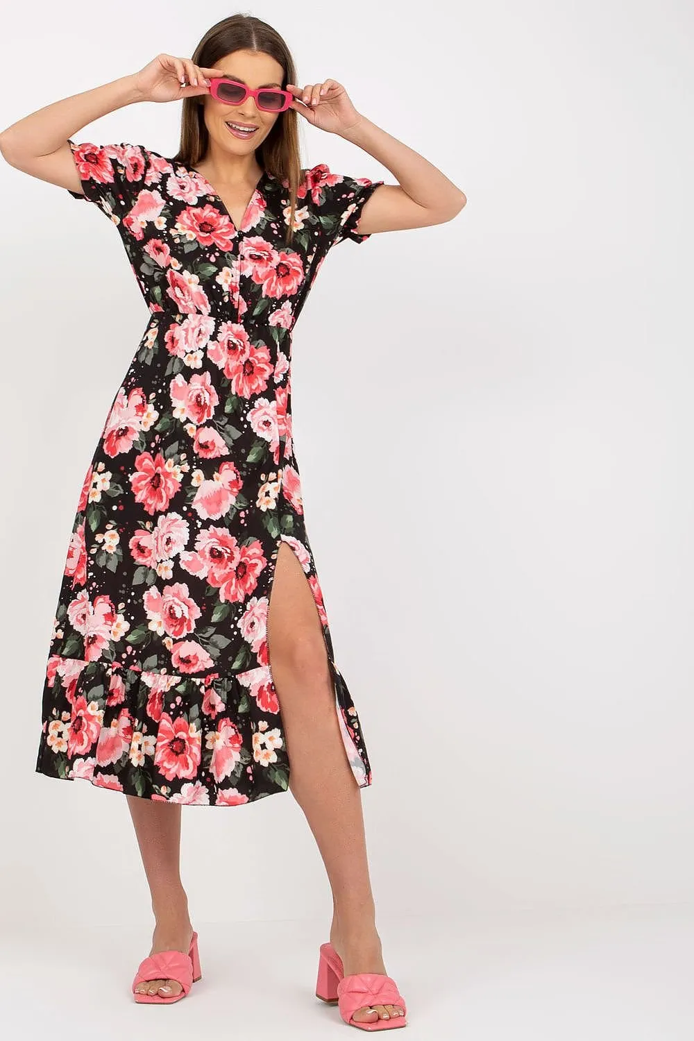 Daydream Floral Summer Dress with Front Buttons and Frill - Daydress Italy Moda: Elegantly Comfortable Floral Dress for Summer